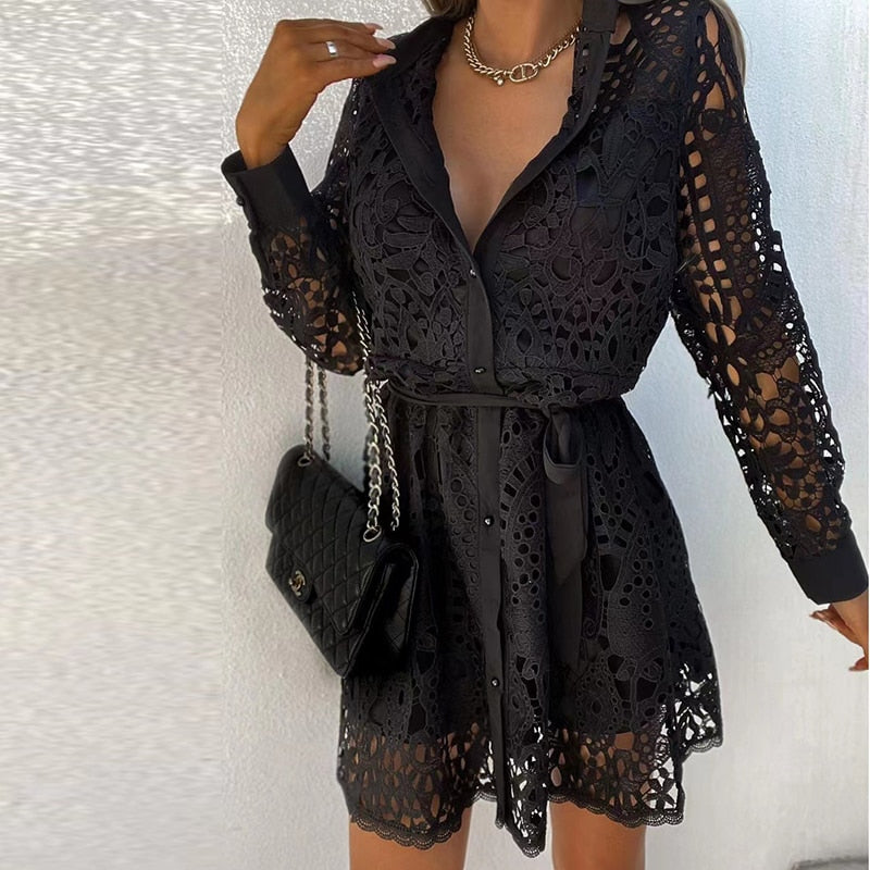 Women's Elegant Lace Mini Dress | Charming White Summer Cocktail Dress with Button-Front Design 1