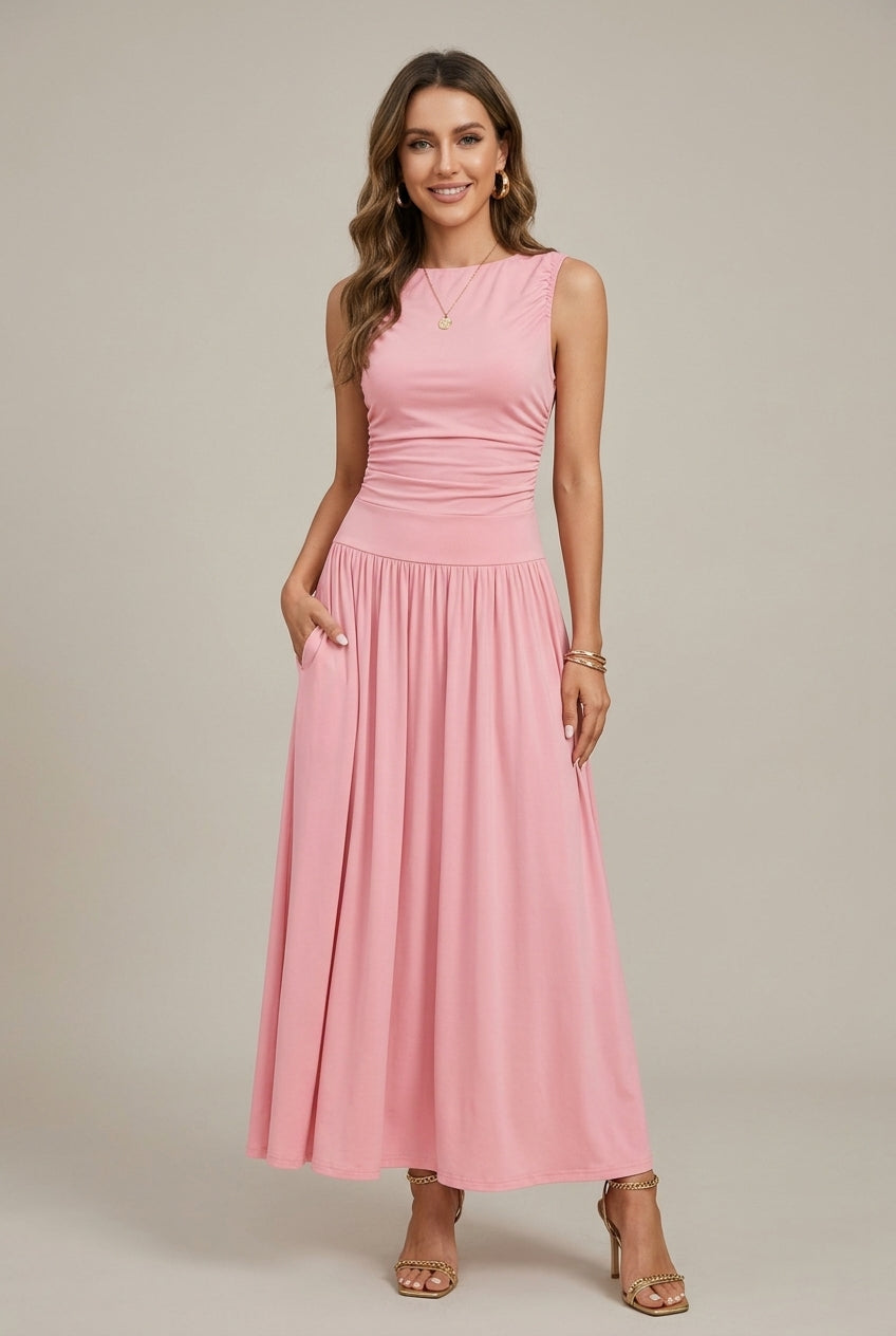 Women's Elegant Maxi Dress | Sleeveless Ruched Waist with Pockets | Flattering Summer Evening Dress 0