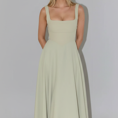 Women's Elegant Midi Dress | Chic Square Neckline High Waist Summer Dress 0