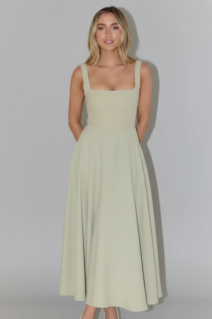 Women's Elegant Midi Dress | Chic Square Neckline High Waist Summer Dress 0