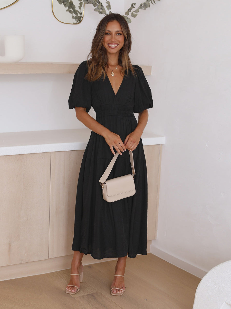 Women's Elegant Midi Dress | Puff Sleeve Tiered Summer Cocktail Dress 0