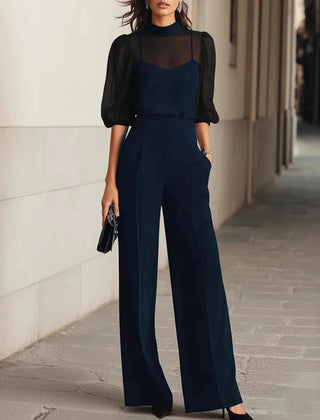 Women's Elegant Patchwork Long Sleeve Jumpsuit | Sophisticated Wide Leg Design 0