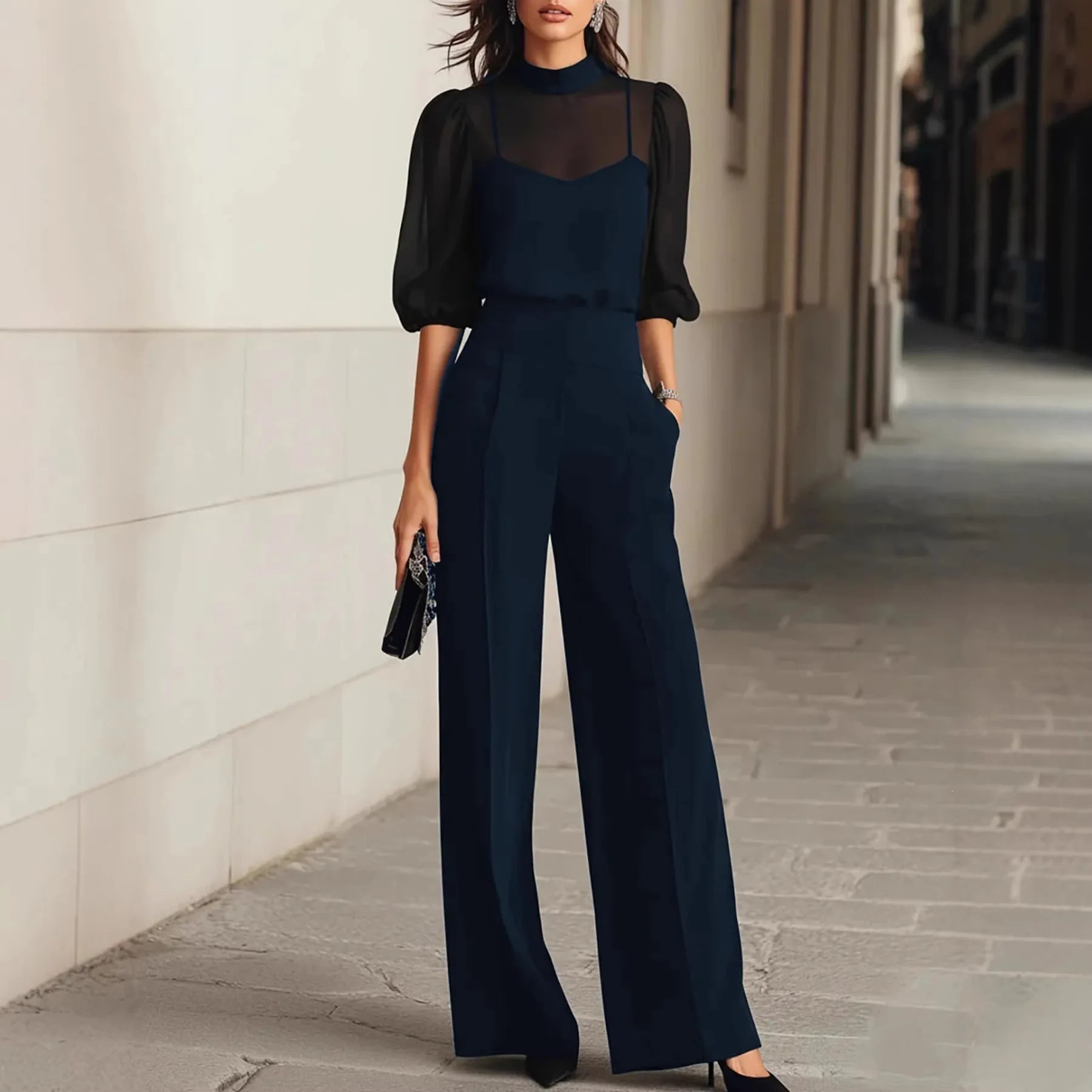 Women's Elegant Patchwork Long Sleeve Jumpsuit | Sophisticated Wide Leg Design 0