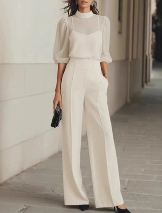 Women's Elegant Patchwork Long Sleeve Jumpsuit | Sophisticated Wide Leg Design 1