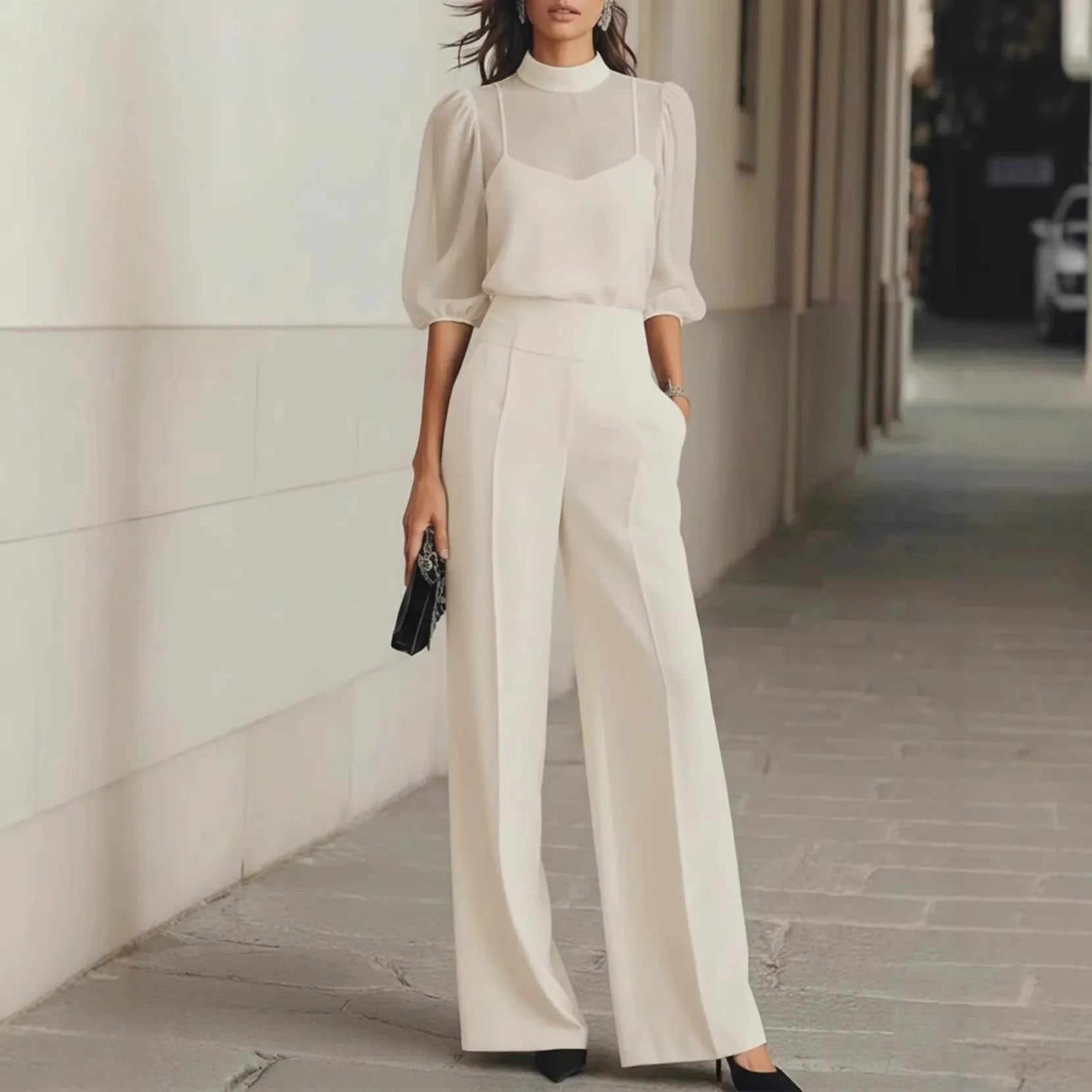 Women's Elegant Patchwork Long Sleeve Jumpsuit | Sophisticated Wide Leg Design 1
