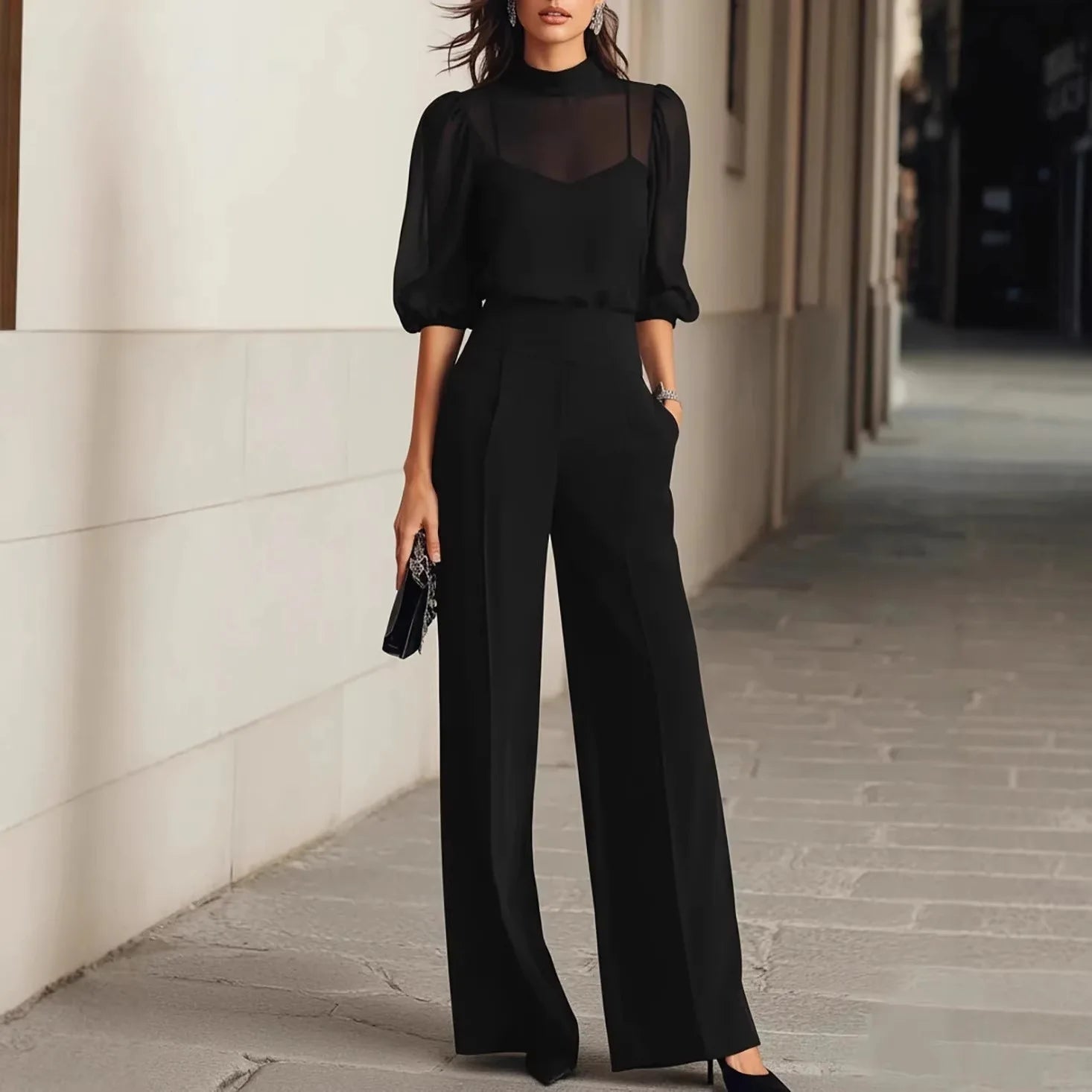 Women's Elegant Patchwork Long Sleeve Jumpsuit | Sophisticated Wide Leg Design 2