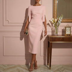Women's Elegant Pearl-Embellished Midi Dress | Chic Bodycon Cape Sleeve Cocktail Dress 0
