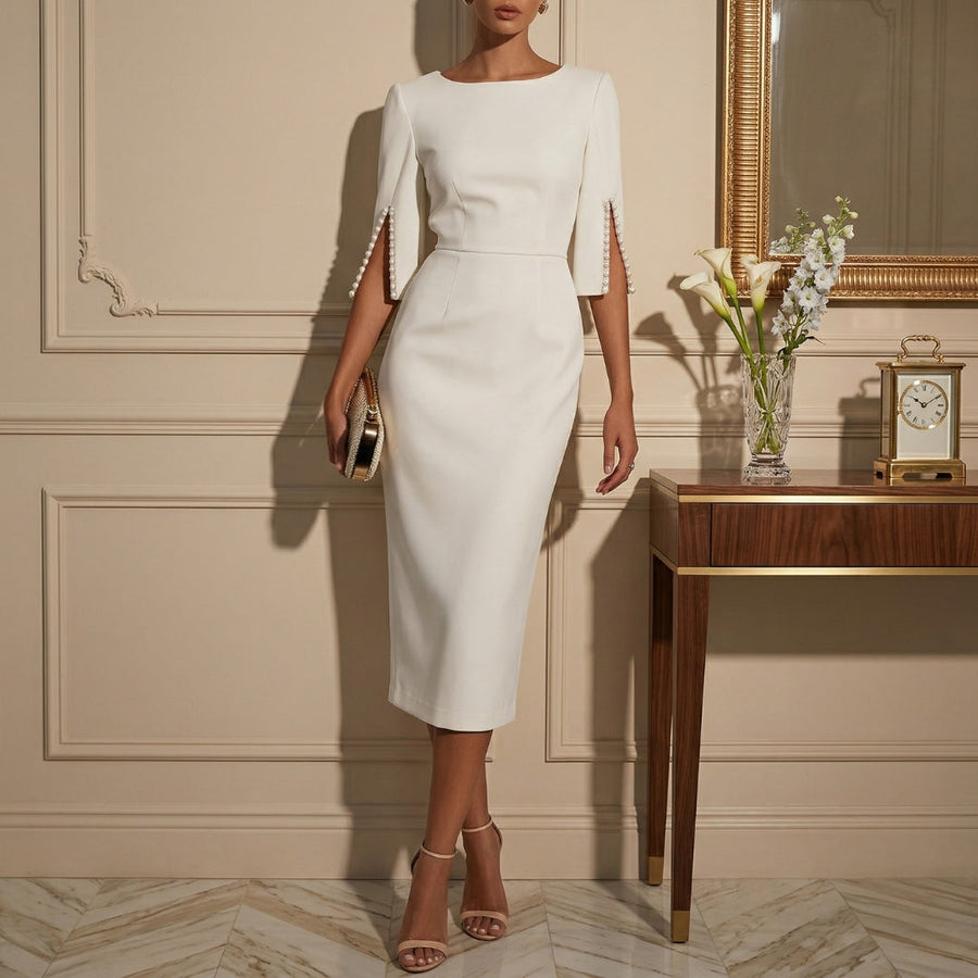 Women's Elegant Pearl-Embellished Midi Dress