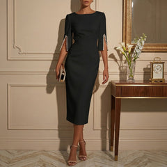 Women's Elegant Pearl-Embellished Midi Dress | Chic Bodycon Cape Sleeve Cocktail Dress 2