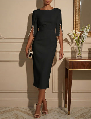 Women's Elegant Pearl-Embellished Midi Dress | Chic Bodycon Cape Sleeve Cocktail Dress 2