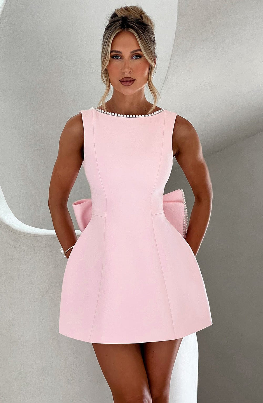 Women's Elegant Pearl Trim Mini Dress | Sophisticated Bow Back Cocktail Dress 0