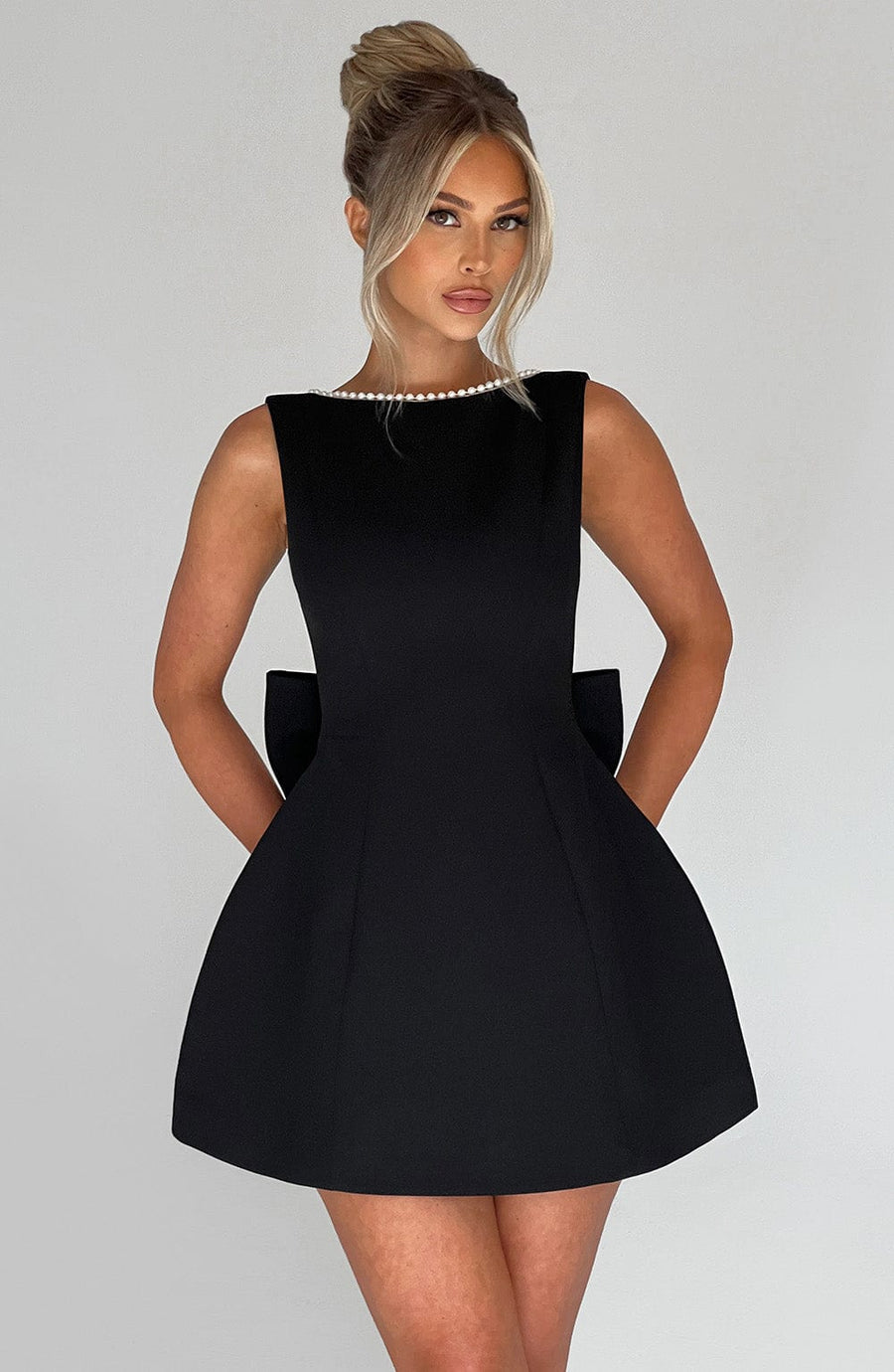Women's Elegant Pearl Trim Mini Dress | Sophisticated Bow Back Cocktail Dress 1