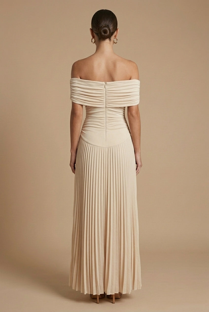 Womens Elegant Pleated Maxi Dress | Off-Shoulder Formal Gown for Weddings and Special Events 2