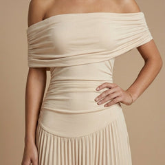 Womens Elegant Pleated Maxi Dress | Off-Shoulder Formal Gown for Weddings and Special Events 3