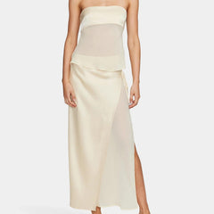 Women's Elegant Polyester Skirt Set | Chic Strapless Top and Asymmetrical Midi Skirt 0