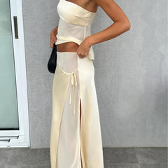 Women's Elegant Polyester Skirt Set | Chic Strapless Top and Asymmetrical Midi Skirt 1