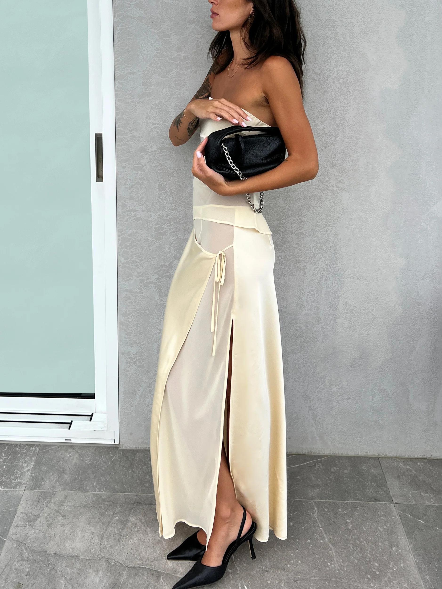 Women's Elegant Polyester Skirt Set | Chic Strapless Top and Asymmetrical Midi Skirt 2