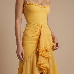 Women's Elegant Ruched Maxi Dress | Sophisticated Sweetheart Neckline with Ruffle Trim 1