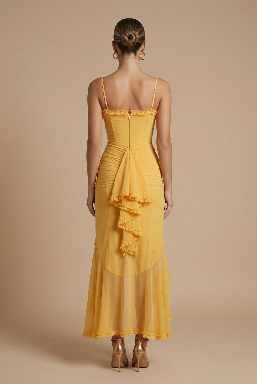 Women's Elegant Ruched Maxi Dress | Sophisticated Sweetheart Neckline with Ruffle Trim 2