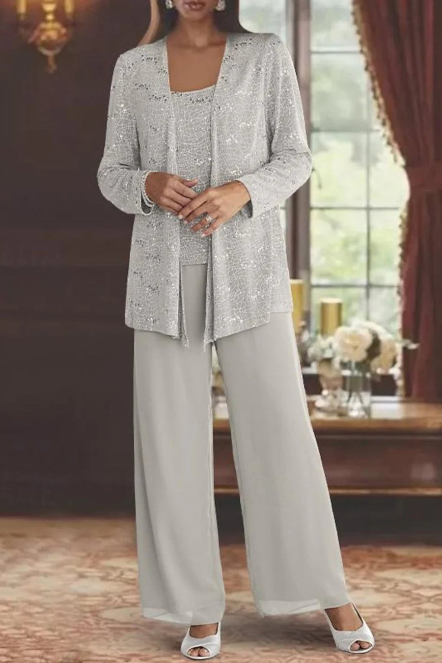 Women's Elegant Sequined Three-Piece Pants Suit | Chic Wide Leg Outfit 1