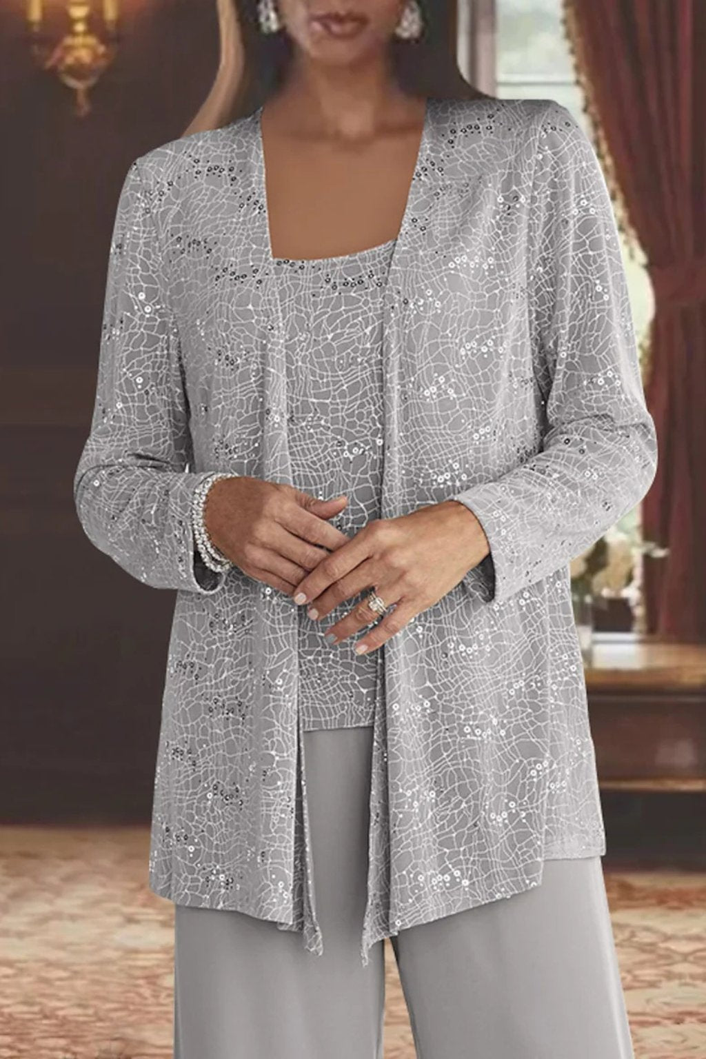 Women's Elegant Sequined Three-Piece Pants Suit | Chic Wide Leg Outfit 2