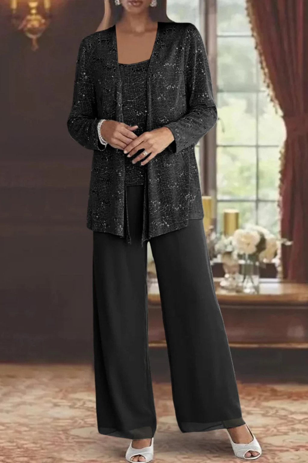 Women's Elegant Sequined Three-Piece Pants Suit | Chic Wide Leg Outfit 5