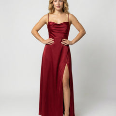 Women's Elegant Silk Maxi Dress | Draped Neckline with Modern Leg Slit 0