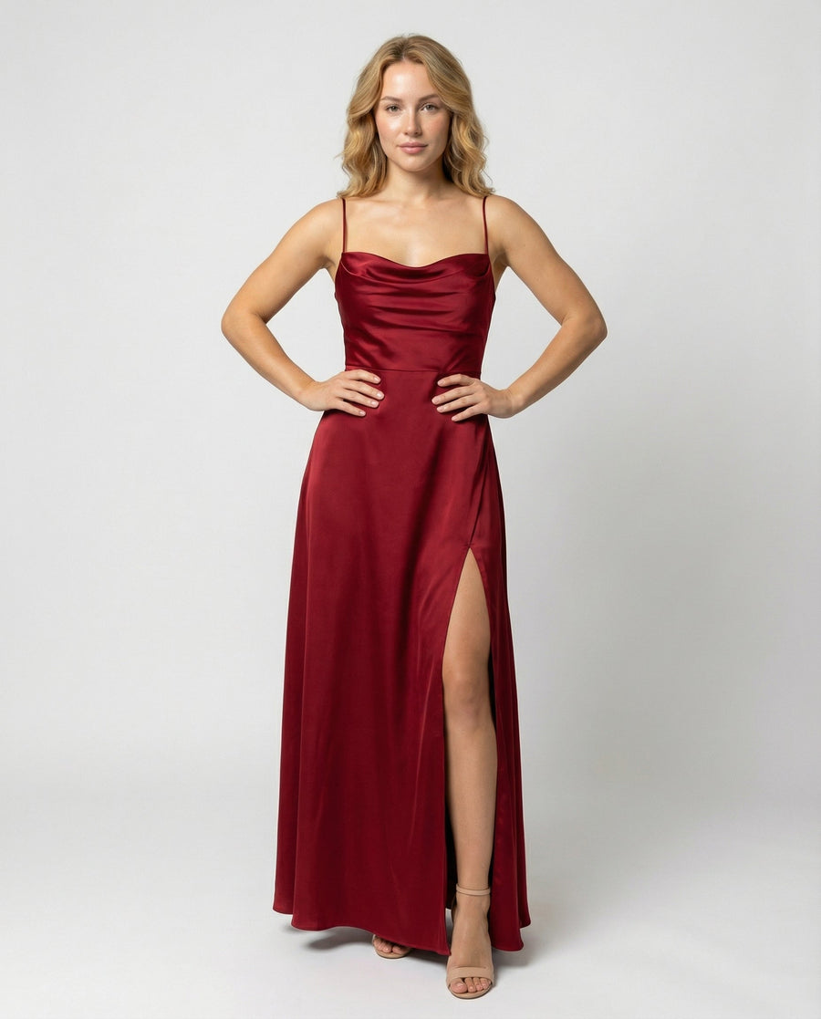 Women's Elegant Silk Maxi Dress | Draped Neckline with Modern Leg Slit 0