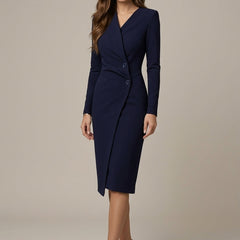 Women's Elegant V-Neck Blazer Dress | Tailored Asymmetric Hem Formal Dress 0