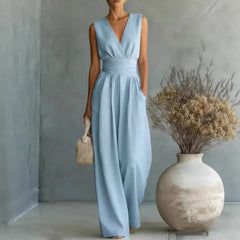 Women's Elegant V-Neck Jumpsuit | Sleek Sleeveless Wide-Leg Design 0