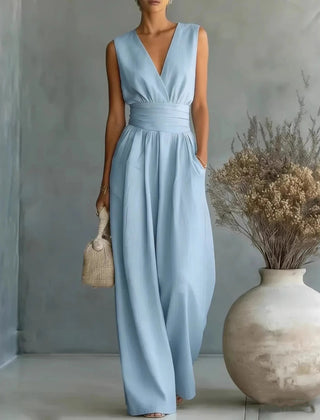 Women's Elegant V-Neck Jumpsuit | Sleek Sleeveless Wide-Leg Design 0