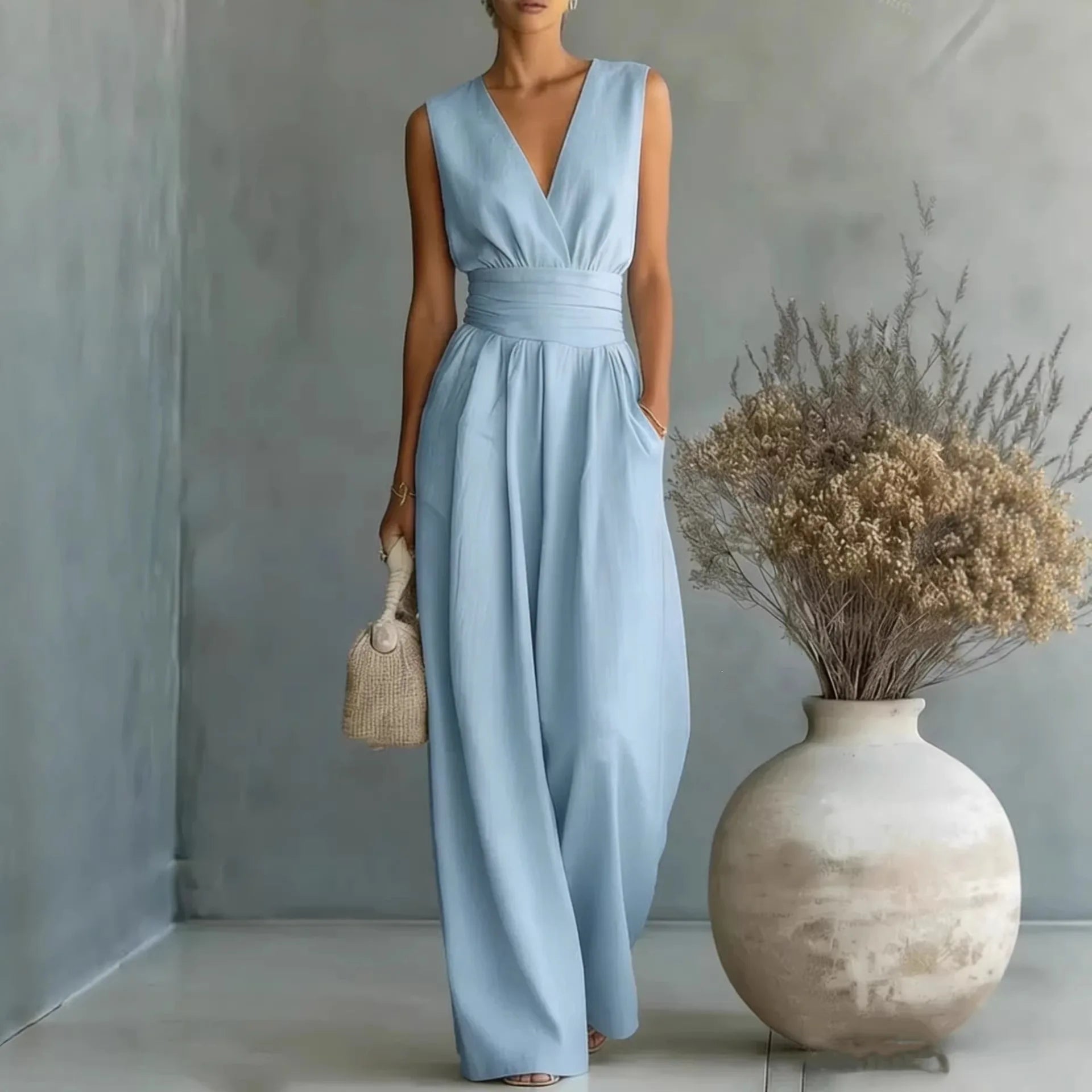 Women's Elegant V-Neck Jumpsuit | Sleek Sleeveless Wide-Leg Design 0