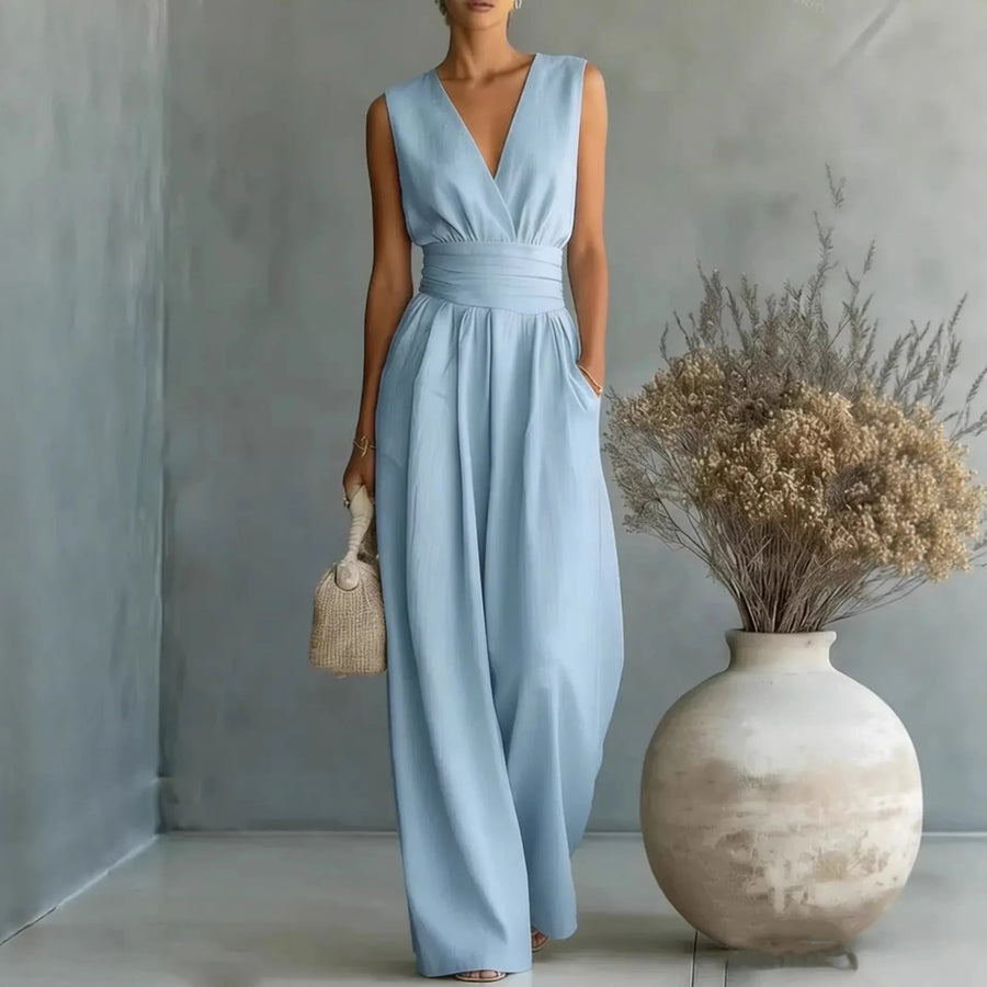 Women's Elegant V-Neck Jumpsuit | Sleek Sleeveless Wide-Leg Design 0