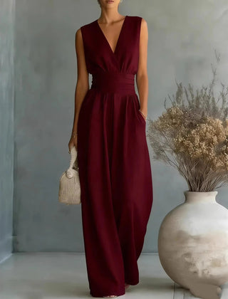 Women's Elegant V-Neck Jumpsuit | Sleek Sleeveless Wide-Leg Design 1