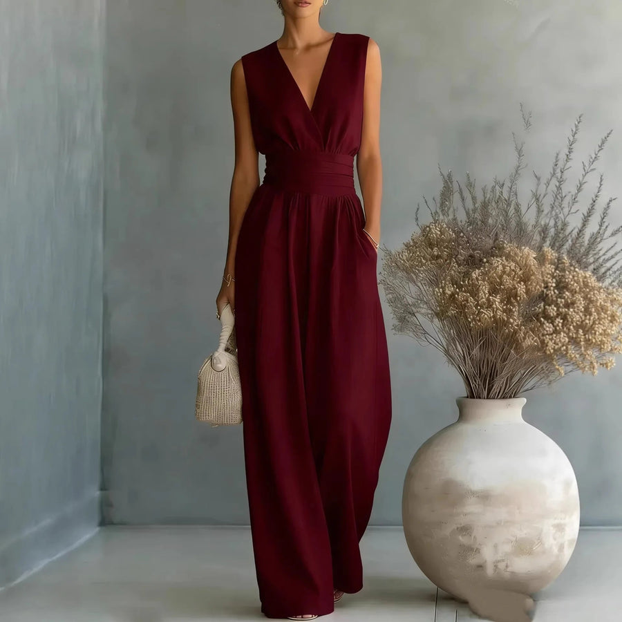 Women's Elegant V-Neck Jumpsuit | Sleek Sleeveless Wide-Leg Design 1