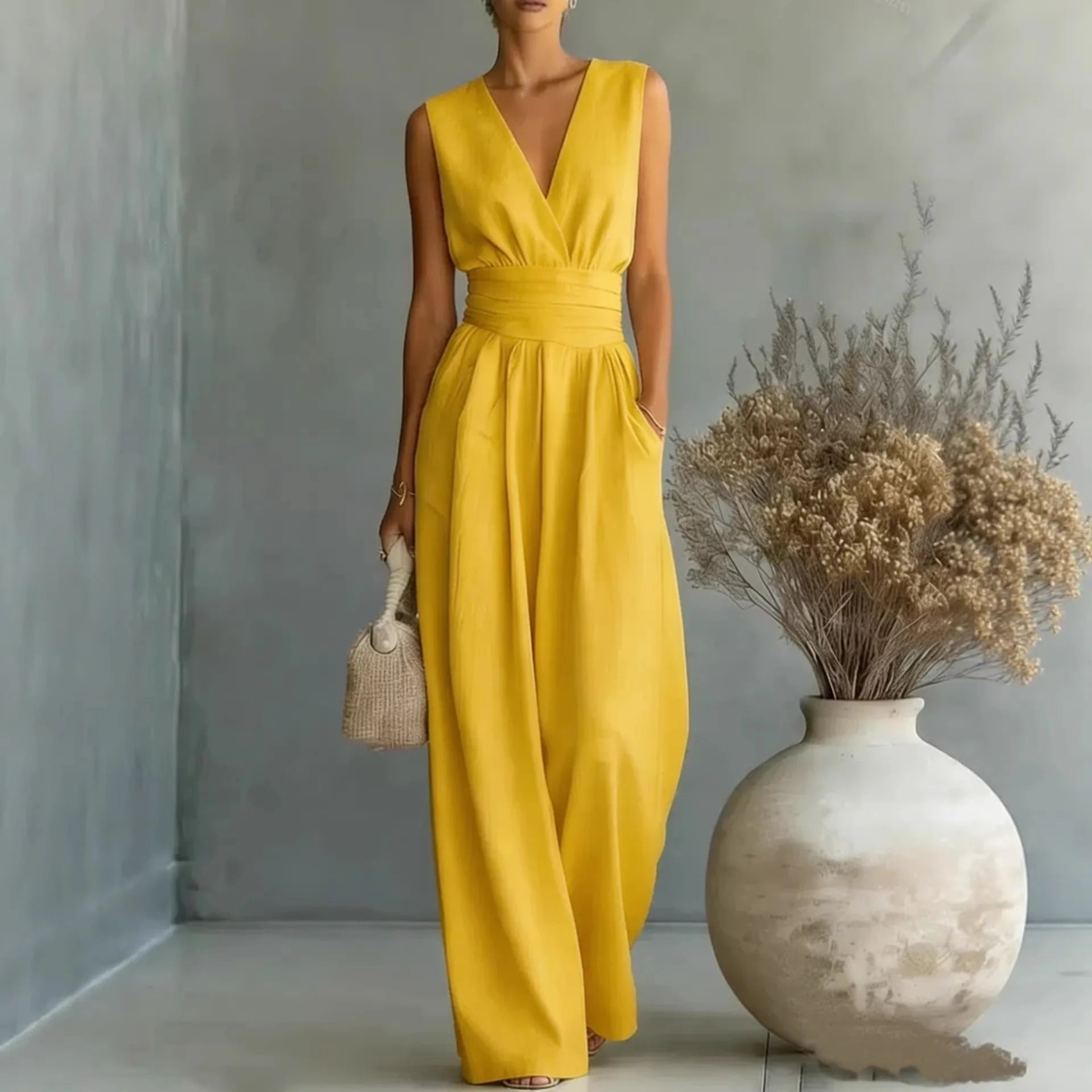 Women's Elegant V-Neck Jumpsuit | Sleek Sleeveless Wide-Leg Design 2