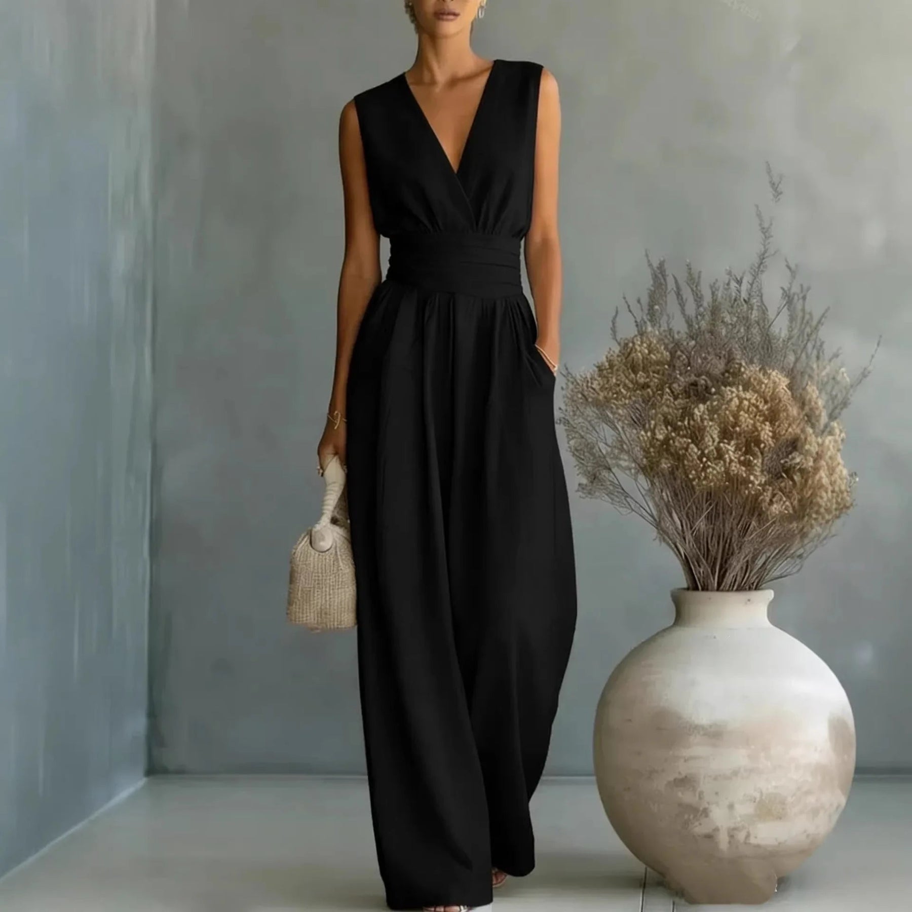 Women's Elegant V-Neck Jumpsuit | Sleek Sleeveless Wide-Leg Design 3