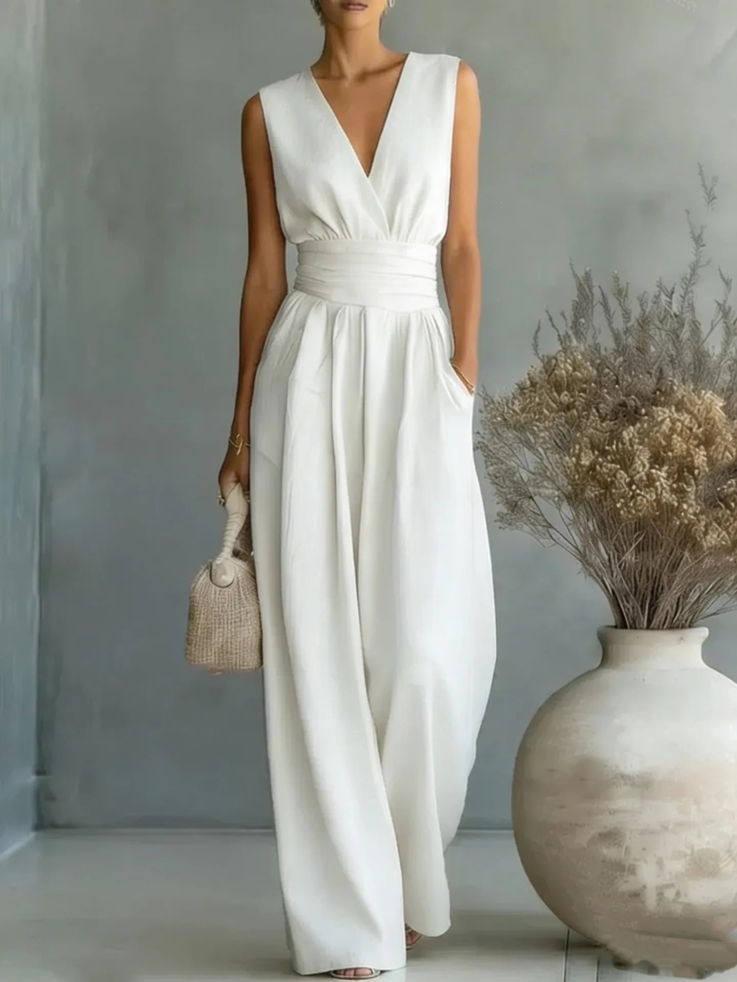 Women's Elegant V-Neck Jumpsuit | Sleek Sleeveless Wide-Leg Design 4