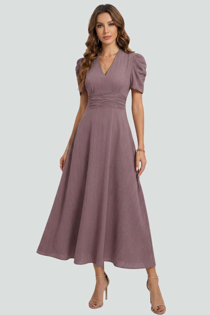 Women's Elegant V-Neck Midi Dress | Stylish Short Sleeve Summer Dress 0
