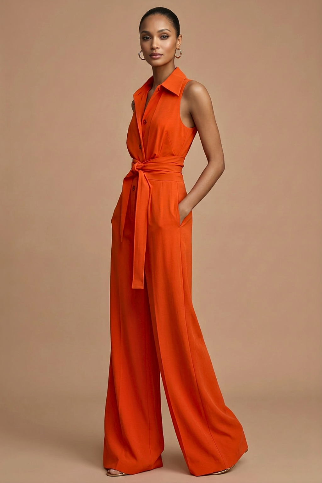 Women's Elegant White Sleeveless Jumpsuit | Chic Wide Leg Design with Waist Tie 1