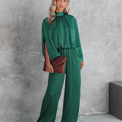 Women's Elegant Wide-Leg Jumpsuit | Chic Mock Neck Cape Sleeve Design for Summer Events 1