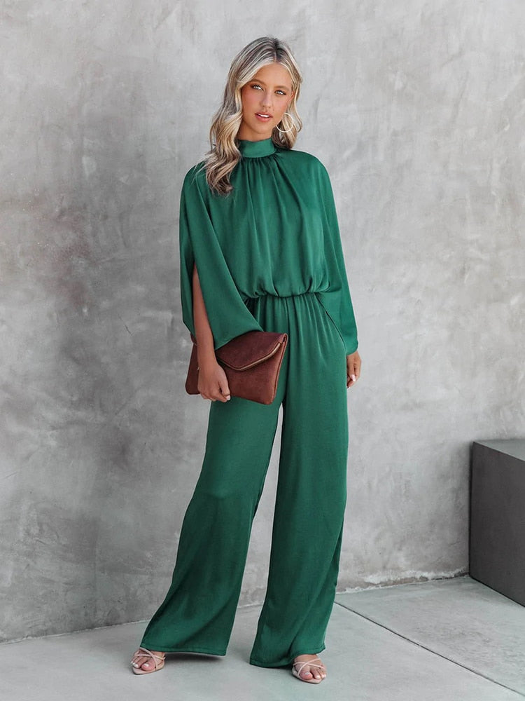 Women's Elegant Wide-Leg Jumpsuit | Chic Mock Neck Cape Sleeve Design for Summer Events 1