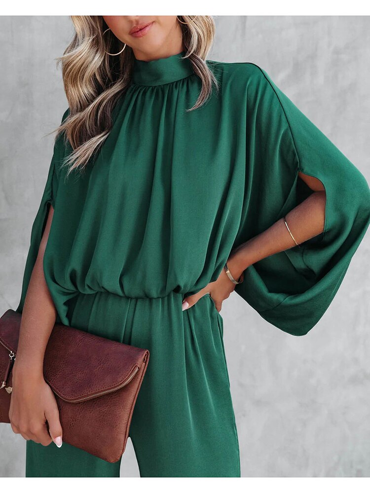 Women's Elegant Wide-Leg Jumpsuit | Chic Mock Neck Cape Sleeve Design for Summer Events 2