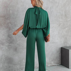 Women's Elegant Wide-Leg Jumpsuit | Chic Mock Neck Cape Sleeve Design for Summer Events 3