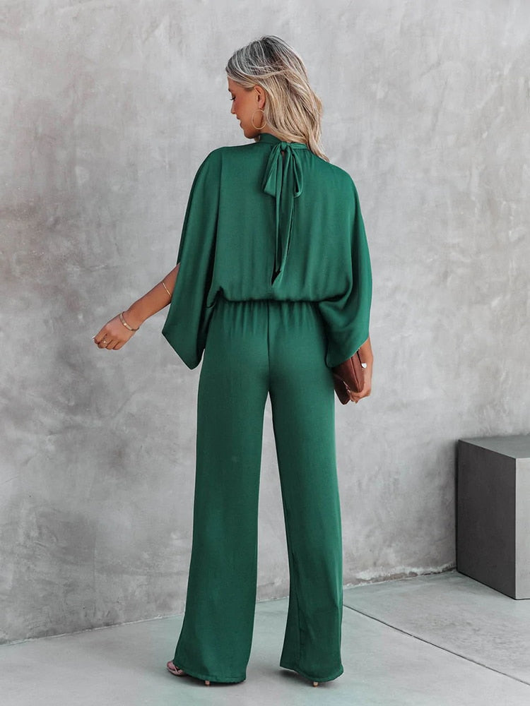 Women's Elegant Wide-Leg Jumpsuit | Chic Mock Neck Cape Sleeve Design for Summer Events 3
