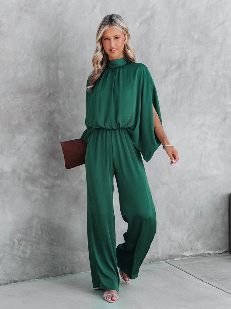 Women's Elegant Wide-Leg Jumpsuit | Chic Mock Neck Cape Sleeve Design for Summer Events 4
