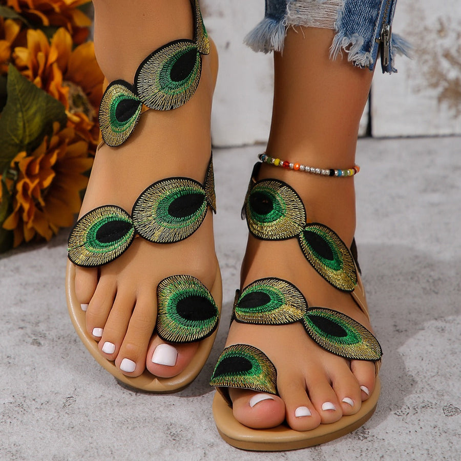 Women's Embroidered Floral Appliqué Flat Sandals | Elegant Toe Ring Design 0