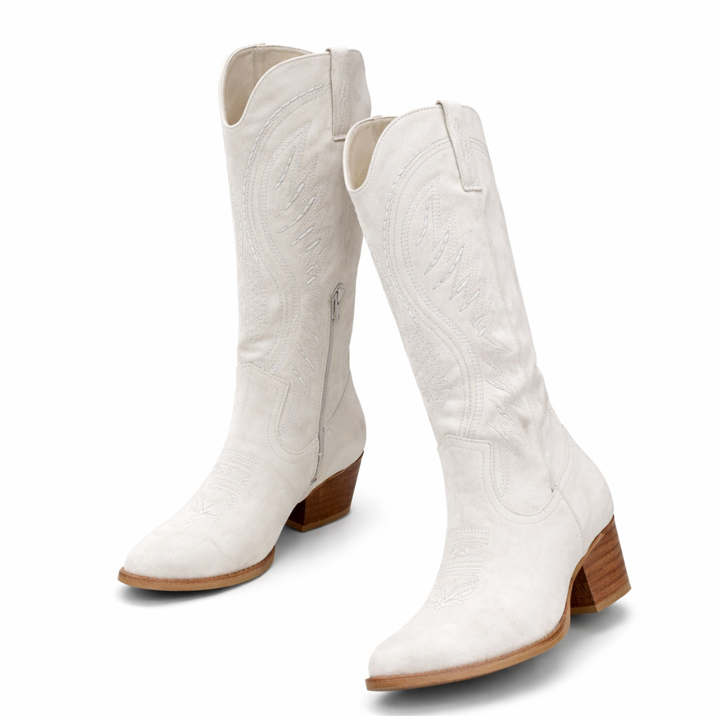 Women's Embroidered Suede Cowboy Boots | Elegant Mid-Calf Block Heel Western Footwear 3