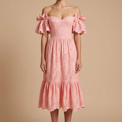 Women's Eyelet Broderie Midi Dress | Elegant Off-Shoulder Summer Dress 0