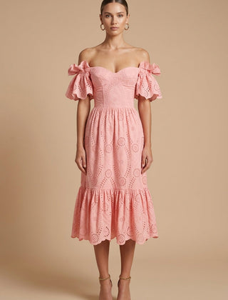 Women's Eyelet Broderie Midi Dress | Elegant Off-Shoulder Summer Dress 0